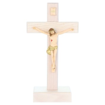 Crucifix en bois clair sur socle avec Christ en resine style bois..