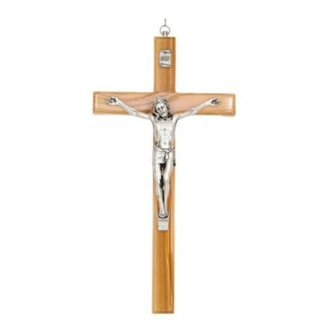 Crucifix en bois d´olivier avec Christ en métal couleur argentée.