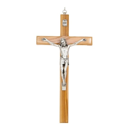 Crucifix en bois d´olivier avec Christ en métal couleur argentée.