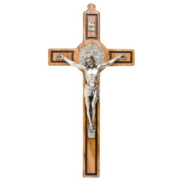 Croix de saint Benoit en bois d´olivier et Christ en métal argentée, plusieurs tailles...