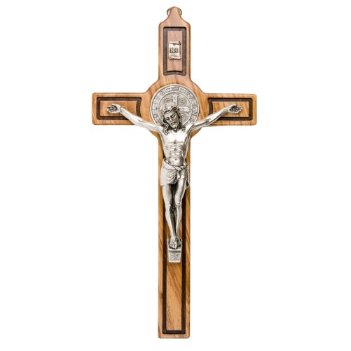 Croix de saint Benoit en bois d´olivier et Christ en métal argentée, plusieurs tailles...