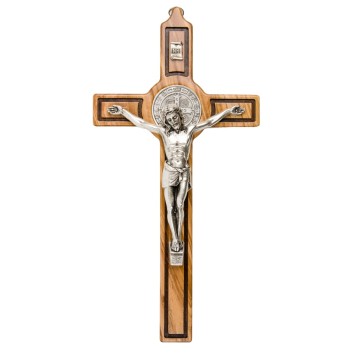 Croix de saint Benoit en bois d´olivier et Christ en métal argentée, plusieurs tailles...