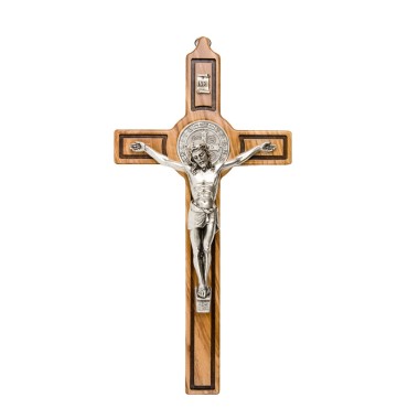 Croix de saint Benoit en bois d´olivier et Christ en métal argentée, plusieurs tailles...