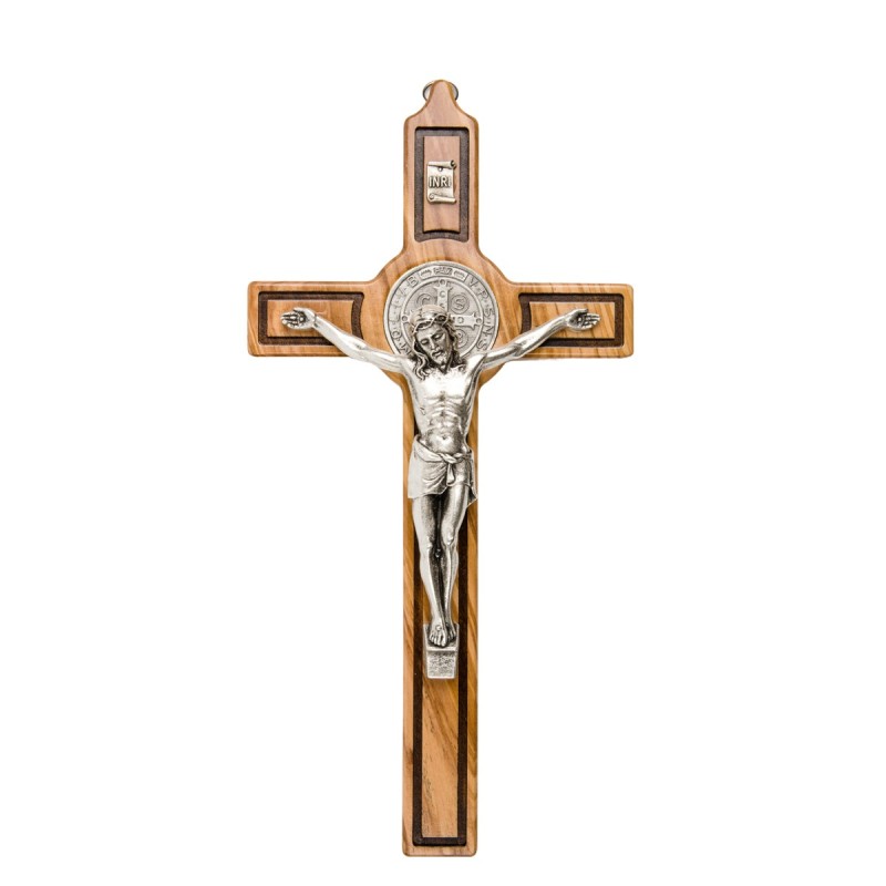 Croix de saint Benoit en bois d´olivier et Christ en métal argentée, plusieurs tailles...