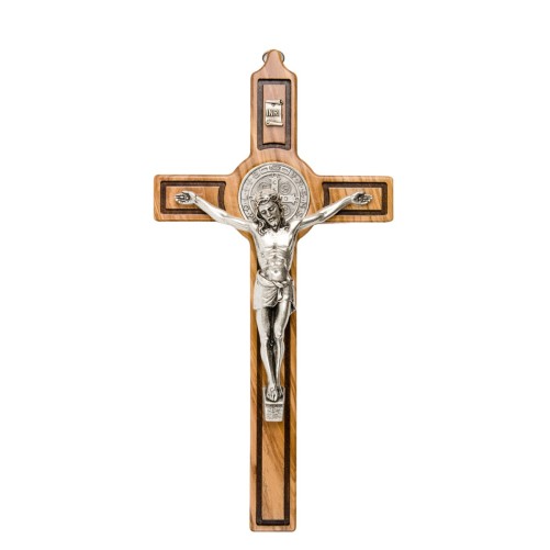 Croix de saint Benoit en bois d´olivier et Christ en métal argentée, plusieurs tailles...