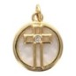 Médaille coquille naturelle avec croix ajourée dorée supérieure et pierres OZ au centre, Ø 1.5 cm