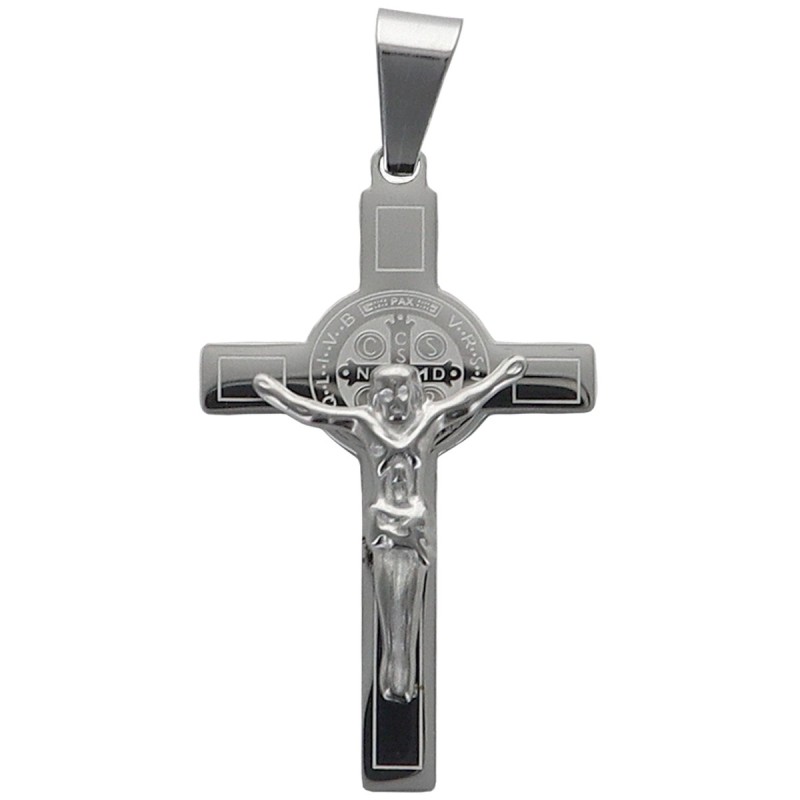 Croix de cou de Saint Benoit en acier inoxydable, H 4.50 cm. Existe de differentes couleurs.