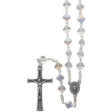 Chapelet grains cristal blanc en forme de croix, Ø 7 mm sur chaine, longueur au cœur 35 cm, croix métal. Livre en boite