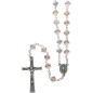 Chapelet grains cristal rose en forme de croix, Ø 7 mm sur chaine, longueur au cœur 35 cm, croix métal. Livré en boite