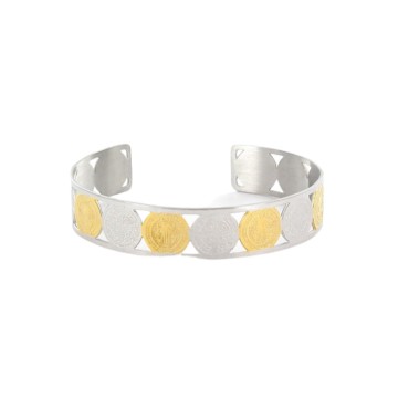 Bracelet manchette médailles de saint Benoit couleur argentée et dorée en acier inoxydable, largeur 1,5 cm.