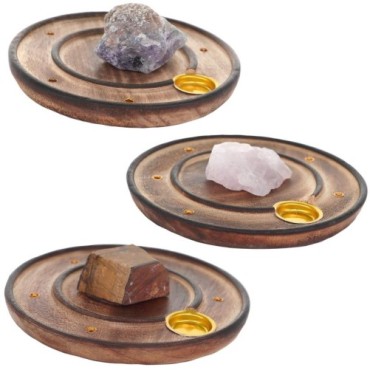 Brule encens en bois pour batonnets ou cones, Ø 10 cm. Existe avec differentes pierres.