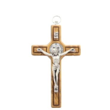 Croix de saint Benoit en bois d´olivier et Christ en métal argentée, plusieurs tailles...