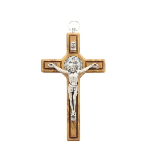 Croix de saint Benoit en bois d´olivier et Christ en métal argentée, plusieurs tailles...