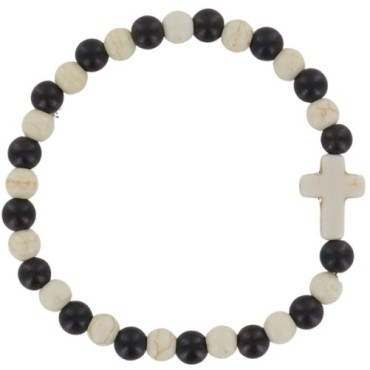 Bracelet sur élastique grains bois de santal et turquoise synthétique, Ø 6 mm avec croix..
