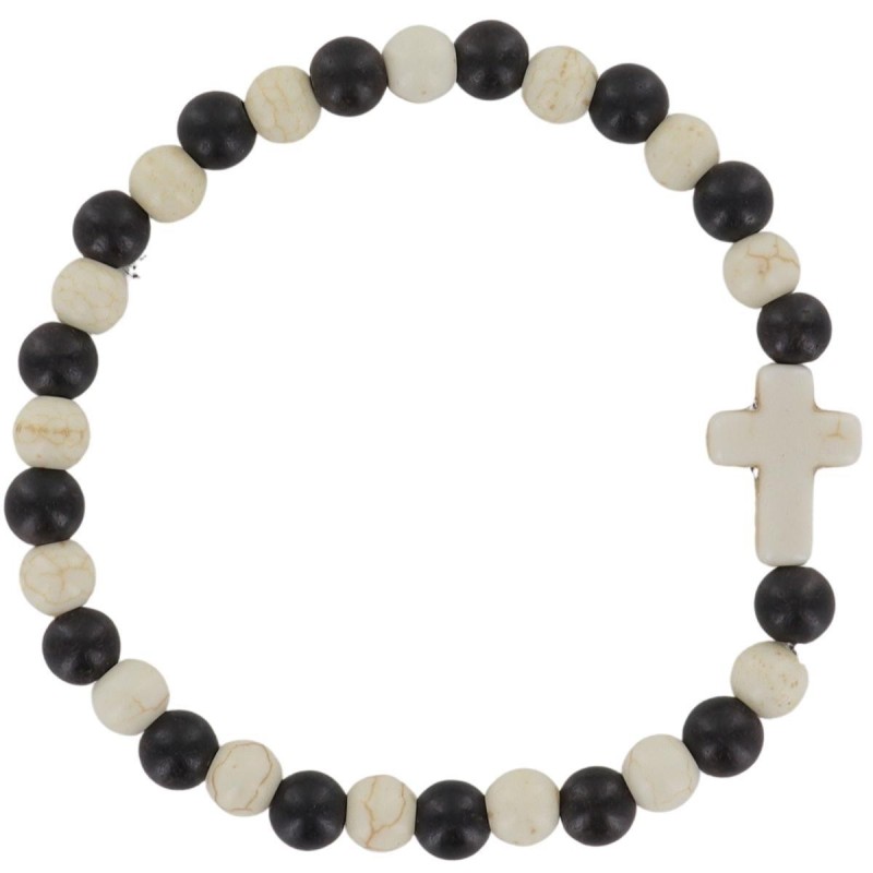 Bracelet sur élastique grains bois de santal et turquoise synthétique, Ø 6 mm avec croix.