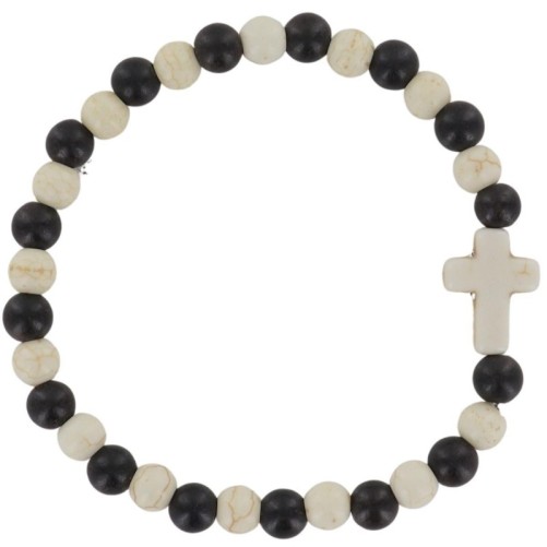 Bracelet sur élastique grains bois de santal et turquoise synthétique, Ø 6 mm avec croix..