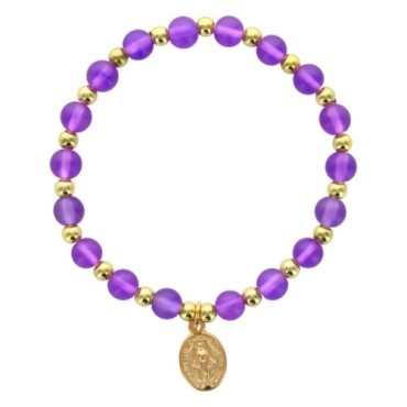 Bracelet sur élastique grains rond en verre Ø 6 mm avec médaille de la V. Miraculeuse de couleur dorée. Différentes couleurs