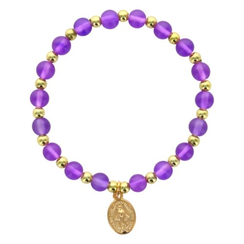Bracelet sur élastique grains rond en verre Ø 6 mm avec médaille de la V. Miraculeuse de couleur dorée. Différentes couleurs