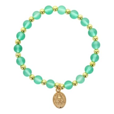 Bracelet sur élastique grains rond en verre Ø 6 mm avec médaille de la V. Miraculeuse de couleur dorée.