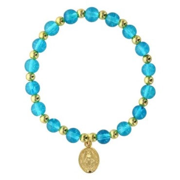 Bracelet sur élastique grains rond en verre Ø 6 mm avec médaille de la V. Miraculeuse de couleur dorée. Différentes couleurs