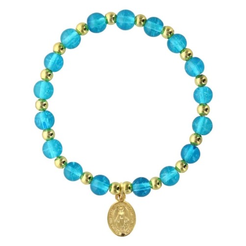 Bracelet sur élastique grains rond en verre Ø 6 mm avec médaille de la V. Miraculeuse de couleur dorée. Différentes couleurs