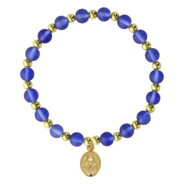 Bracelet sur élastique grains rond en verre Ø 6 mm avec médaille de la V. Miraculeuse de couleur dorée. Différentes couleurs