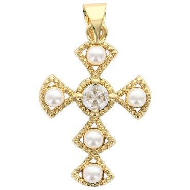 Croix dorée supérieure H. 2.3 cm imitation perle et OZ