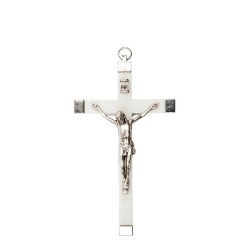 Crucifix métal couleur argentée fluorescent avec Christ métal.