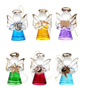 Ange en verre plein coloré avec instrument doré. Boîte individuelle. Présentoir de 12 pièces assorties. H. 5 cm.