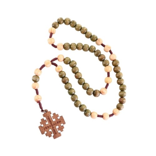 Chapelet sur corde, perles en bois Ø 10 mm, croix de Jérusalem en bois