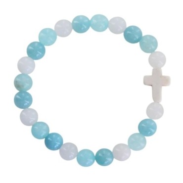 Bracelet élastique, perles jade Mashan naturel et jade blanc, croix en turquoise synthétique Ø 8 mm.