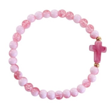 Bracelet élastique, perles en verre Ø 6 mm avec croix. Lot de 6 assortis.
