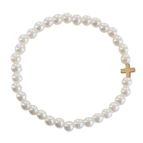 Bracelet sur élastique imitation nacre Ø 5 mm croix laiton doré.