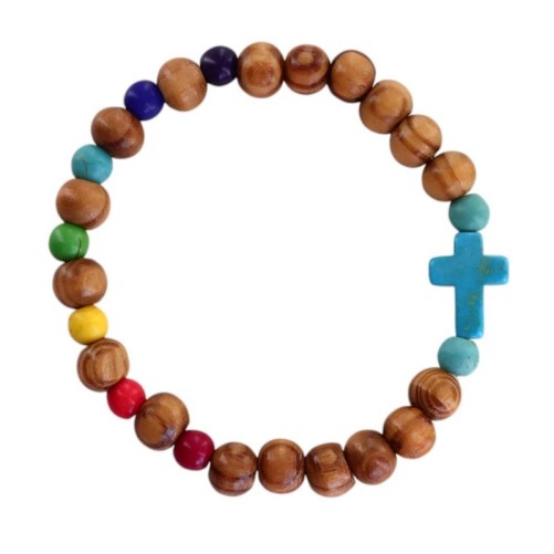 Bracelet élastique, perles en bois Ø 7 mm, croix en turquoise synthétique. Lot de 4 assortis.
