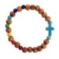 Bracelet élastique, perles en bois Ø 7 mm, croix en turquoise synthétique. Lot de 4 assortis.