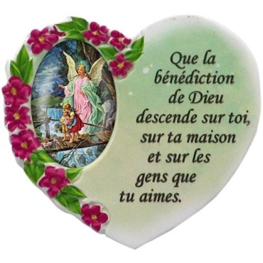 Magnet en résine en forme de coeur H. 6 x 6.5 cm, avec prière pour la maison et résine de diiférents Saints.