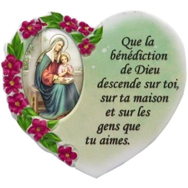 Magnet en résine en forme de coeur H. 6 x 6.5 cm, avec prière pour la maison et résine de diiférents Saints.