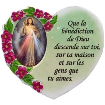 Magnet en résine en forme de coeur H. 6 x 6.5 cm, avec prière pour la maison et résine de diiférents Saints.