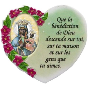 Magnet en résine en forme de coeur H. 6 x 6.5 cm, avec prière pour la maison et résine de diiférents Saints.