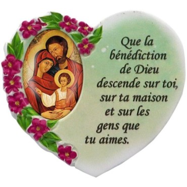 Magnet en résine en forme de coeur H. 6 x 6.5 cm, avec prière pour la maison et résine de diiférents Saints.