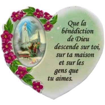 Magnet en résine en forme de coeur H. 6 x 6.5 cm, avec prière pour la maison et résine de diiférents Saints.
