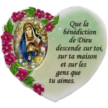 Magnet en résine en forme de coeur H. 6 x 6.5 cm, avec prière pour la maison et résine de diiférents Saints.
