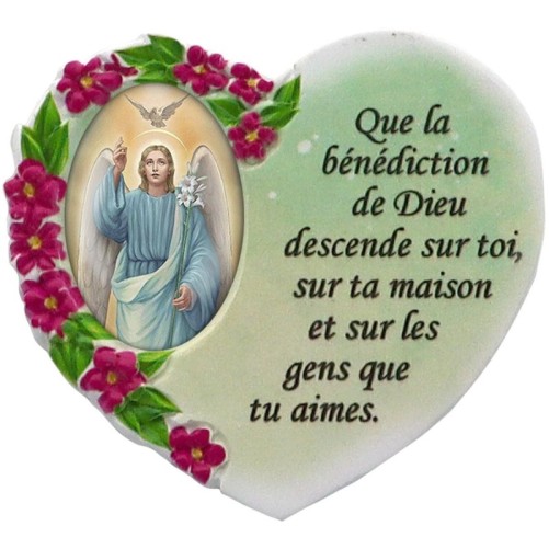 Magnet en résine en forme de coeur H. 6 x 6.5 cm, avec prière pour la maison et résine de diiférents Saints.