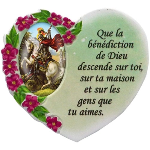 Magnet en résine en forme de coeur H. 6 x 6.5 cm, avec prière pour la maison et résine de diiférents Saints.