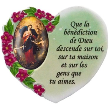 Magnet en résine en forme de coeur H. 6 x 6.5 cm, avec prière pour la maison et résine de diiférents Saints.