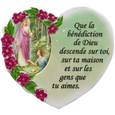 Magnet en résine en forme de coeur H. 6 x 6.5 cm, avec prière pour la maison et résine de diiférents Saints.