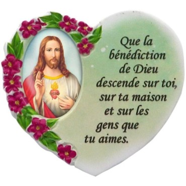 Magnet en résine en forme de coeur H. 6 x 6.5 cm, avec prière pour la maison et résine de diiférents Saints.