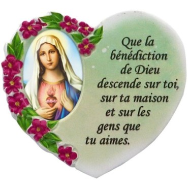 Magnet en résine en forme de coeur H. 6 x 6.5 cm, avec prière pour la maison et résine de diiférents Saints.