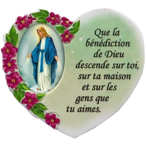 Magnet en résine en forme de coeur H. 6 x 6.5 cm, avec prière pour la maison et résine de diiférents Saints.