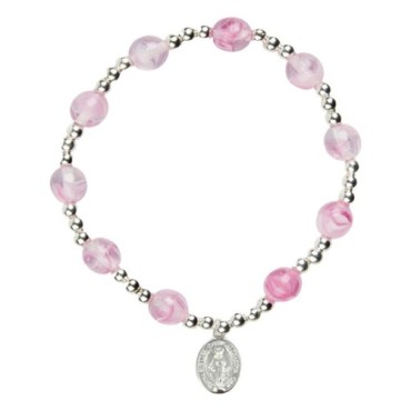Bracelet dizainier sur élastique pour enfant avec grains œil de chat Ø 6 mm et médaille en métal de la Vierge Miraculeuse.